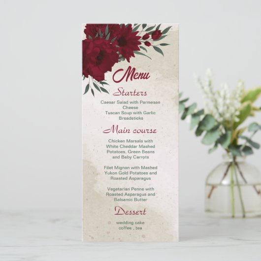 Bourgogne bloemen groen bruiloft menu (Staand voorkant)