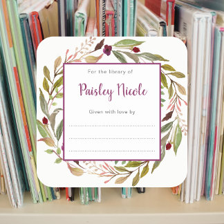 Bourgogne Bloemen Groen Krans Bookplaat Vierkante Sticker