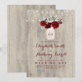 Bourgogne Bloemen Mason Jar Rustiek Hout Huwelijk Kaart (Voorkant / Achterkant)