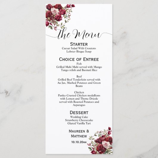 Bourgogne Bloemen Modern Script 4x9'' Trouwmenu Menu (Voorkant)