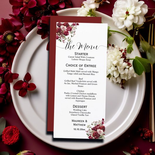 Bourgogne Bloemen Modern Script 4x9'' Trouwmenu Menu