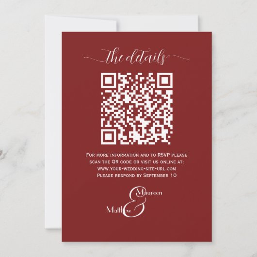 Bourgogne Bloemen Modern Script QR Code Huwelijk Kaart (Achterkant)
