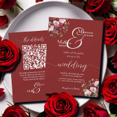 Bourgogne Bloemen Modern Script QR Code Huwelijk Kaart