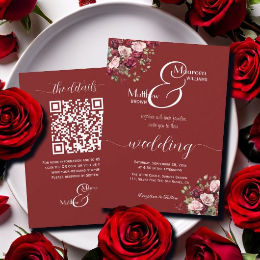Bourgogne Bloemen Modern Script QR Code Huwelijk Kaart