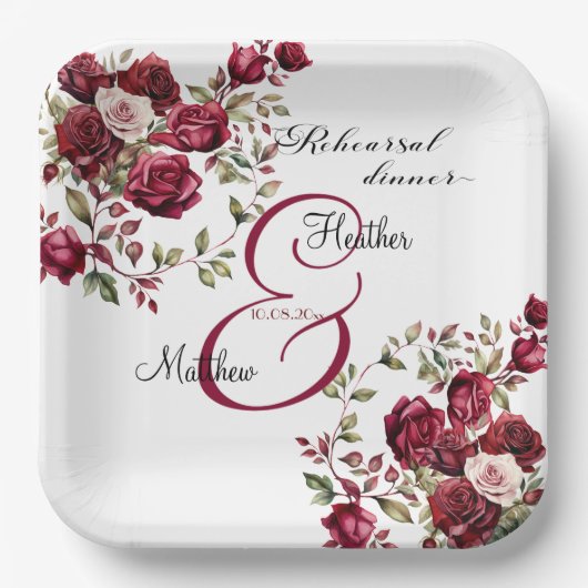 Bourgogne Bloemen Moderne 'Repetitie Diner' Trouwe Papieren Bordje (Voorkant)