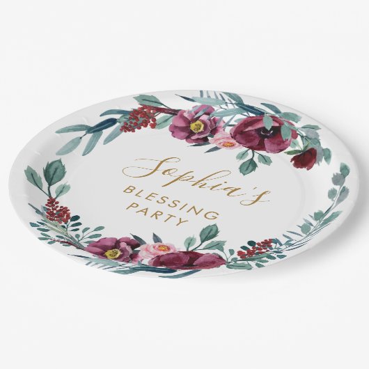 Bourgogne Bloemen Moeder's Zegen Partij Custom Papieren Bordje (Gekanteld)
