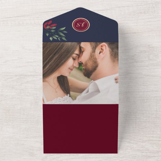 Bourgogne Bloemen QR Code Bruiloft All In One Uitnodiging (Buitenkant)