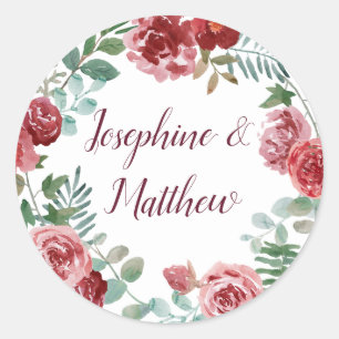 Bourgogne Bloemen Roos Foliage Bruiloft Ronde Sticker
