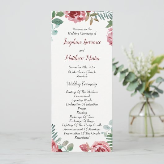 Bourgogne Bloemen Roos Foliage Trouwprogramma's Programma (Staand voorkant)