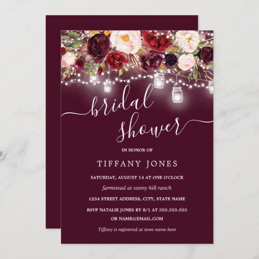 Bourgogne Bloemen Rustiek Vrijgezellenfeest Uitnod Kaart (Voorkant / Achterkant)