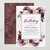 Bourgogne Bloemen Verjaardag Uitnodiging (Voorkant / Achterkant)
