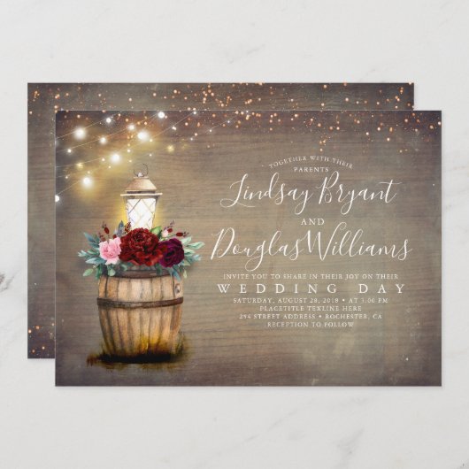 Bourgogne Bloemen Wijn Barrel Lantern Rustieke Bru Kaart (Voorkant / Achterkant)