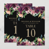 Bourgogne Bloemen Zwart Bruiloft Tafel Nummers Menu (Voorkant / Achterkant)