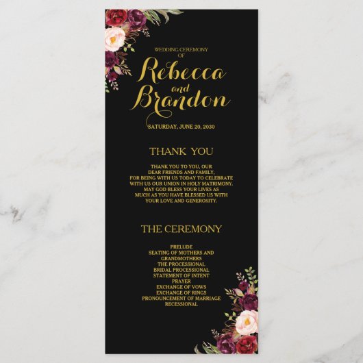 Bourgogne Bloemen Zwart Goud Aangepaste Bruiloft P Programma (Voorkant)