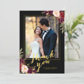 Bourgogne Bloemen Zwart Goud Script Bruiloft Foto Bedankkaart (Staand voorkant)