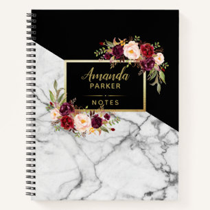 Bourgogne Bloemen Zwart Wit Marmer Designer Notes Notitieboek
