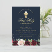 Bourgogne Bloemenblauw Eerste Communie Kaart (Staand voorkant)
