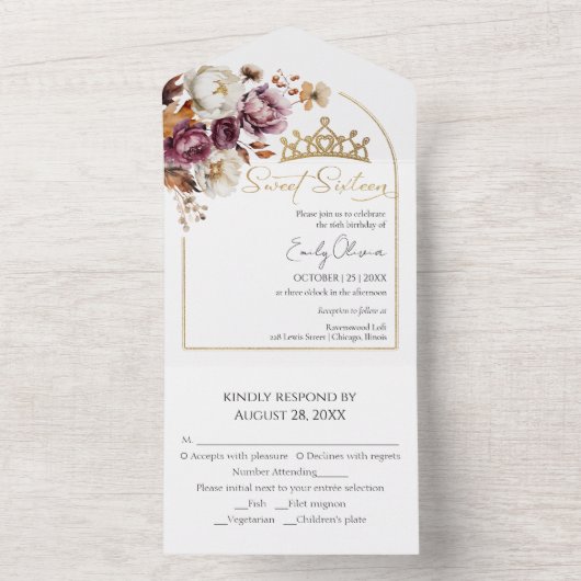 Bourgogne Bloemenboog Herfst Sweet 16 All In One Uitnodiging (Binnen)