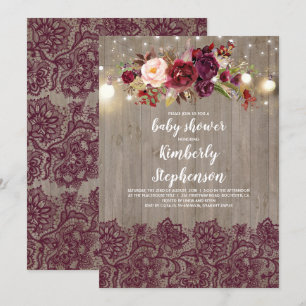 Bourgogne Bloemenkant Rustiek Baby shower Kaart