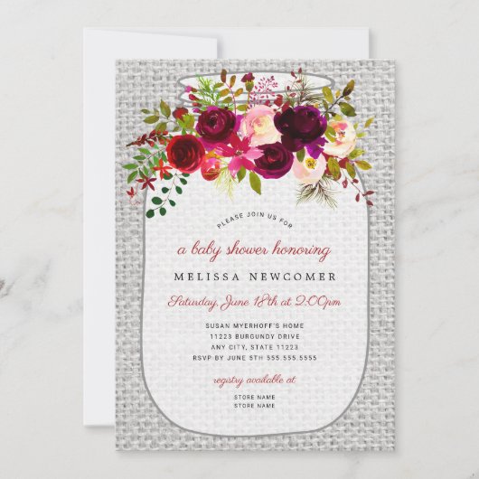 Bourgogne bloemenmetselaar pot baby shower uitnodi kaart (Voorkant)