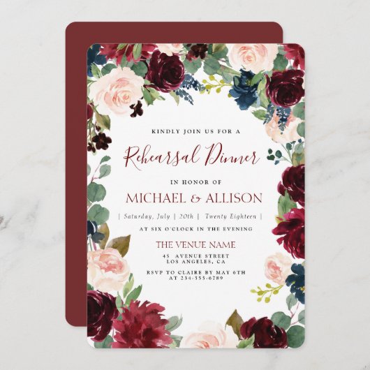 Bourgogne Bloemenrepetitie Diner Uitnodiging (Voorkant / Achterkant)