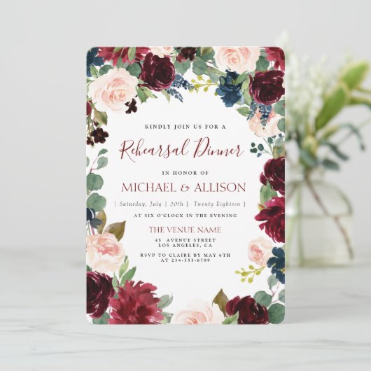 Bourgogne Bloemenrepetitie Diner Uitnodiging (Staand voorkant)