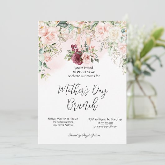 Bourgogne Bloemenwijn Moederdag Brunch Invitatio Kaart (Staand voorkant)