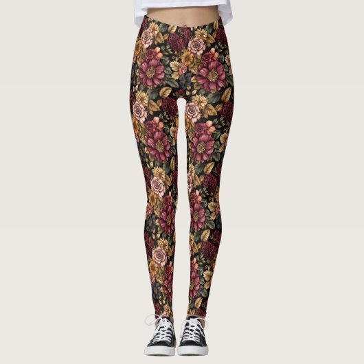 Bourgogne bloemmotief leggings (Voorkant)