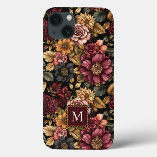 Bourgogne bloemmotief monogram iPhone 13 hoesje