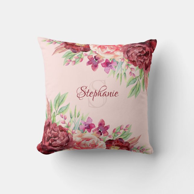 Bourgogne Blush Bloem Naam Monogram Kussen (Voorkant)