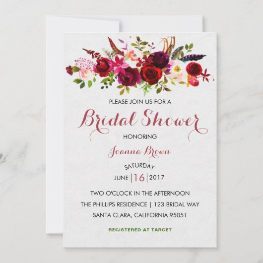 Bourgogne Blush Bloemen Bruids Douche uitnodiging (Voorkant)