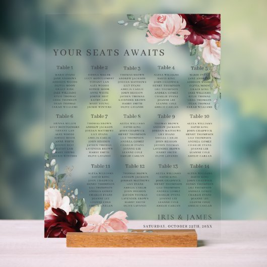 Bourgogne Blush Bloemen bruiloft zitplaatsen wacht Acryl Bord (Neutraal)