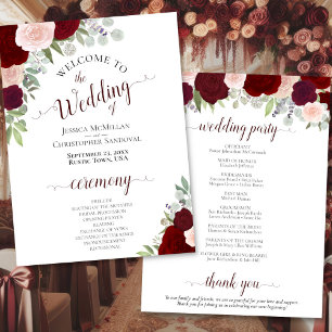 Bourgogne Blush Bloemen Downloadbaar Trouwprogramm Kaart