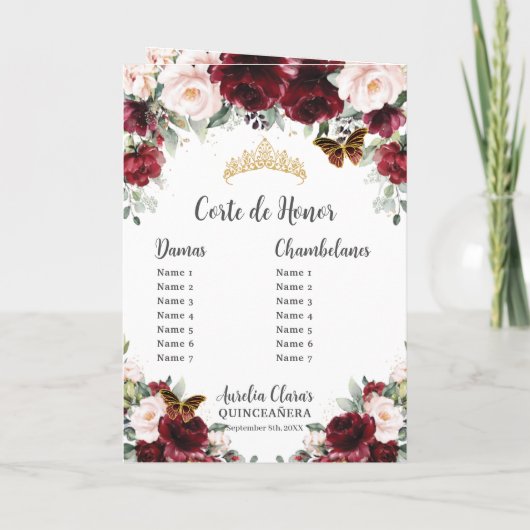 Bourgogne Blush Bloemen Goud Quinceañera Masquerad Programma (Achterkant)