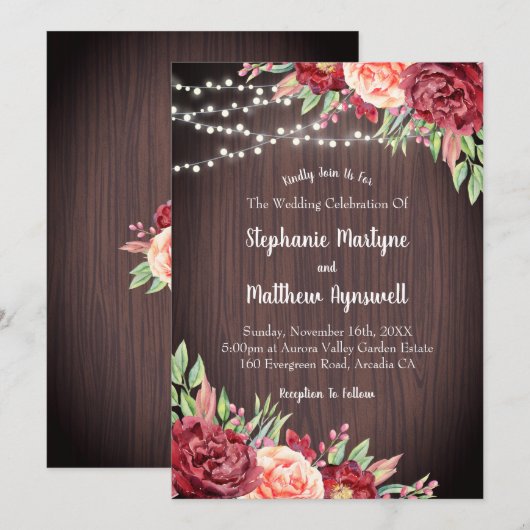 Bourgogne Blush Bloemen String Lights Wedding Kaart (Voorkant / Achterkant)