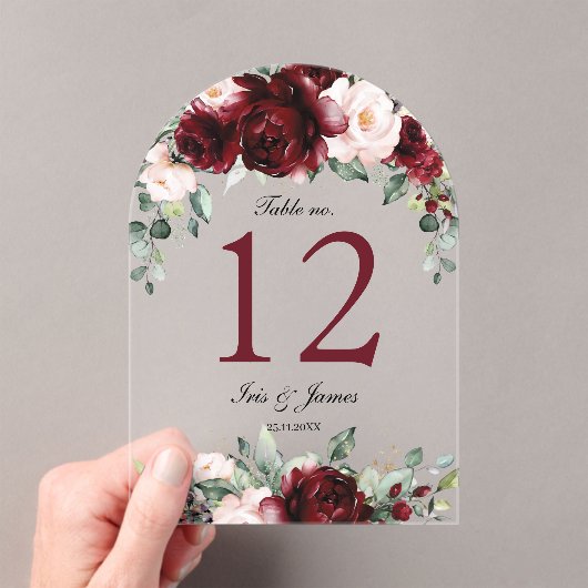 Bourgogne Blush Bloemen Trouwboog Tafelnummer Acryl Uitnodigingen (Insitu (Draagbaar))