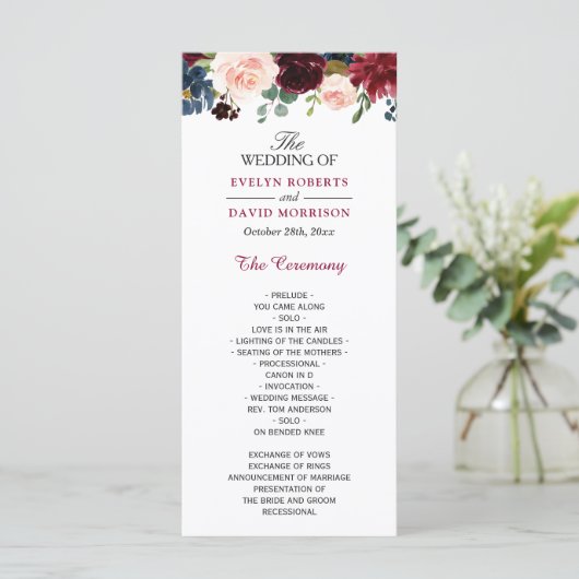 Bourgogne Blush Blue Bloom Programme de mariage fl (Debout devant)