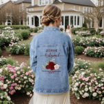 Bourgogne Blush Boho Roses Bridesmaid Mariage Cade<br><div class="desc">Cette veste en denim est conçue comme un cadeau de remerciement pour les demoiselles d'honneur de votre mariage. Il présente une jolie aquarelle peinte à la main avec un amas de roses dans les tons bordeaux, rouge et rose roux, avec des feuilles d'eucalyptus et la verdure du jardin. Le titre...</div>