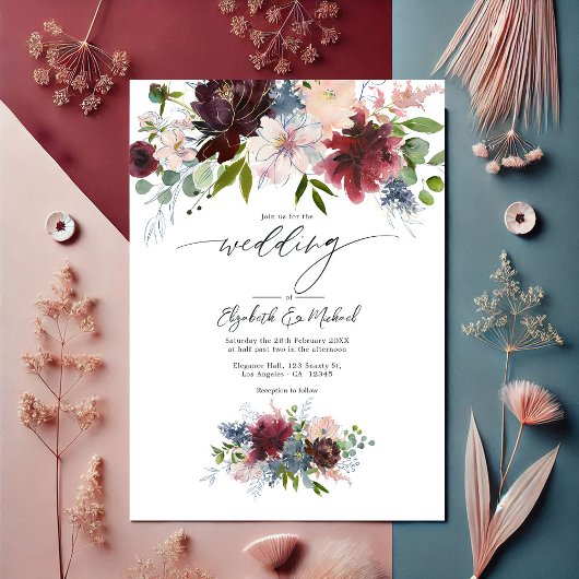 Bourgogne, Blush en Dusty Blue Floral Wedding Kaart