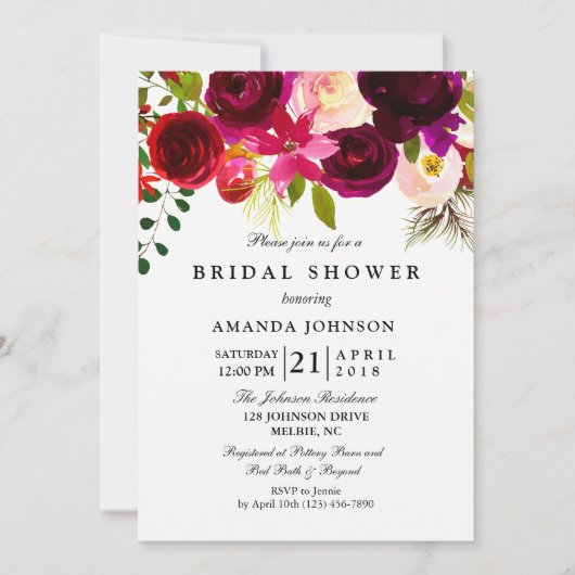 Bourgogne Blush Fleurs Invitation Douche nuptiale (Devant)