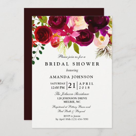 Bourgogne Blush Fleurs Invitation Douche nuptiale (Devant / Derrière)