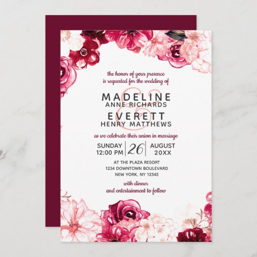 Bourgogne & Blush Floral Border Wedding Invitation (Devant / Derrière)