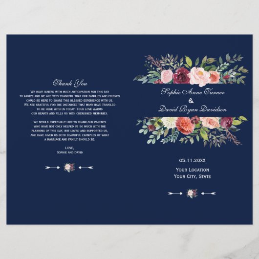 Bourgogne Blush Floral Frame Dark Blue Programme (Devant)