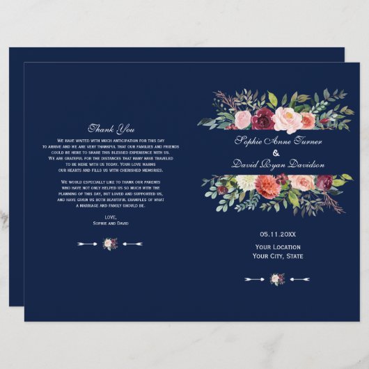 Bourgogne Blush Floral Frame Dark Blue Programme (Devant / Derrière)