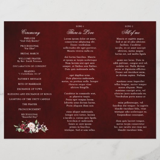 Bourgogne Blush Floral Moderne Mariage Programme (Dos)