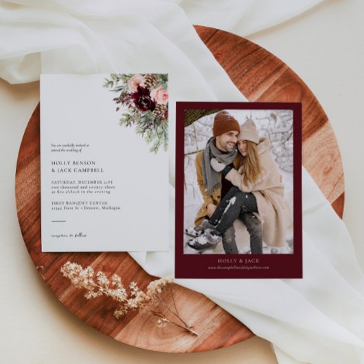 Bourgogne Blush Floral Winter Wedding Invitation