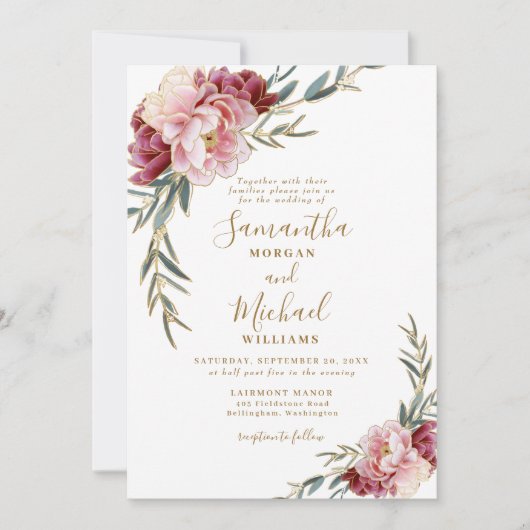 Bourgogne Blush Goud Bloemen Groen Bruiloft Kaart (Voorkant)