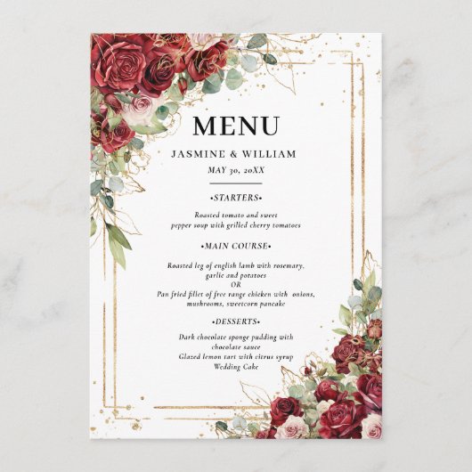 Bourgogne Blush Goud Groen Bruiloft Menu (Voorkant)