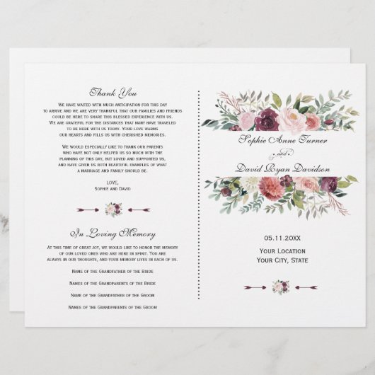 Bourgogne Blush Ivory Floral Frame Programme de ma (Devant / Derrière)