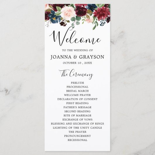 Bourgogne Blush Navy Blauw Botanische Bloemen Boho Programma (Voorkant)